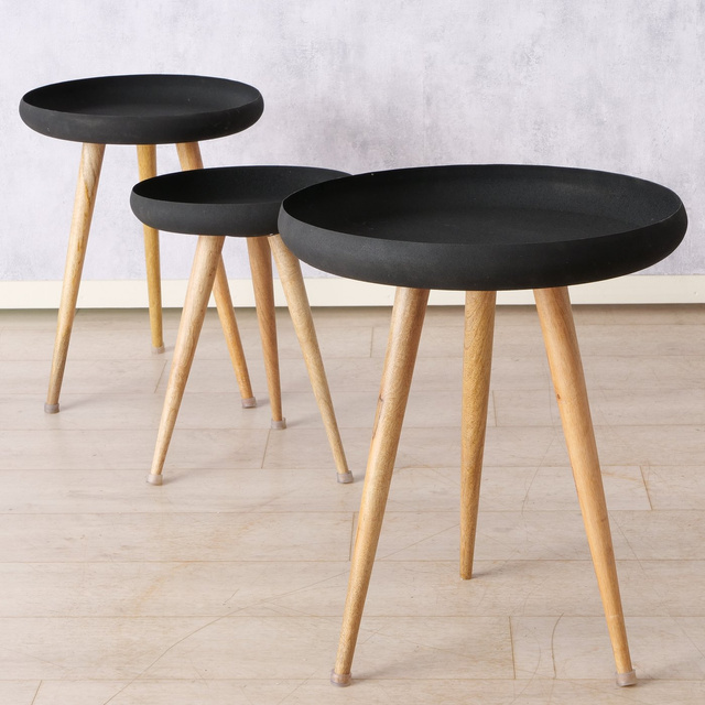 Set 3 masute de cafea loft cu blat negru si picioare din lemn de mango Masdour