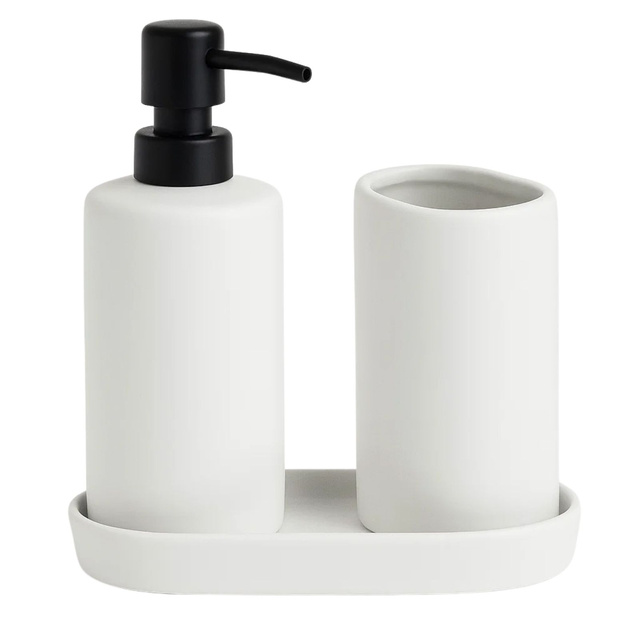 Set de baie PLY, dozator ceramic, cană și tavă, alb