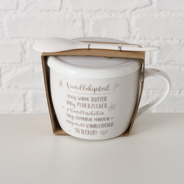 Cana din portelan cu capac si lingura, BRUTARIE, 600 ml