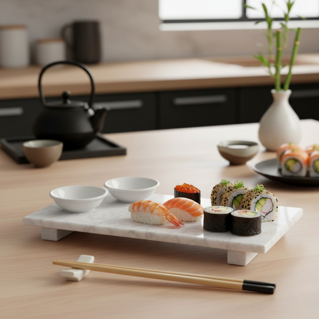 Set de servire sushi ORIA pentru 2 persoane, 9 elemente, tavă din marmură