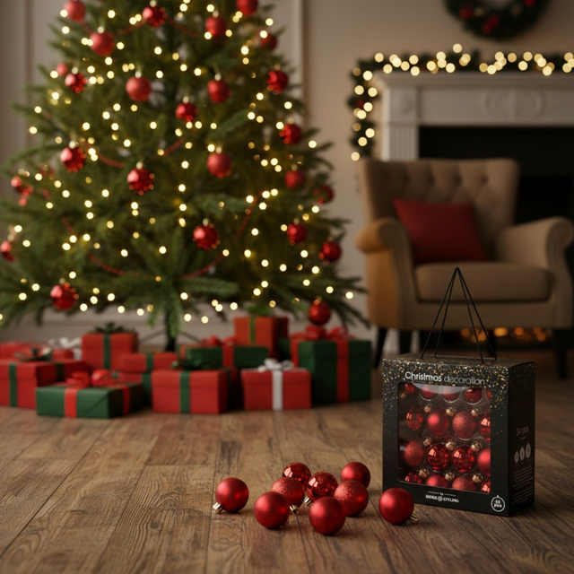 Globuri de sticlă pentru brad în diferite dimensiuni, roșii, 34 buc.