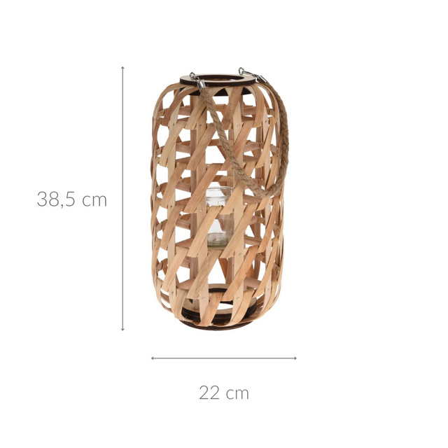 Felinar din lemn, impletitura minimalista si maner din sfoara.