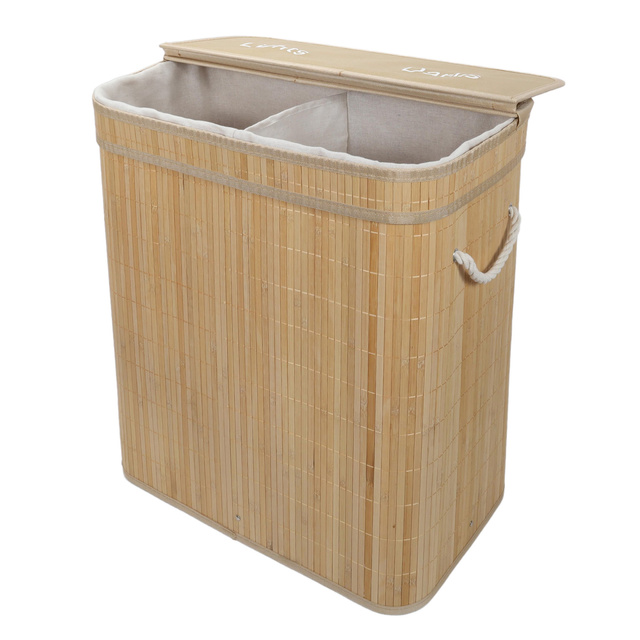 Coș de rufe din bambus, cu două compartimente, 100 l