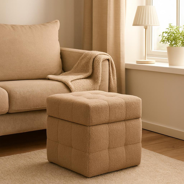 Puf cu compartiment cub SQUARE, tapițerie de miel, 38 x 38 x 37 cm, maro