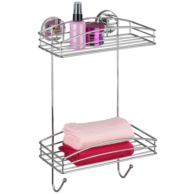 Raft baie pe doua niveluri WENKO, 2 cosuri pentru accesorii de baie, montaj Vacuum-Loc