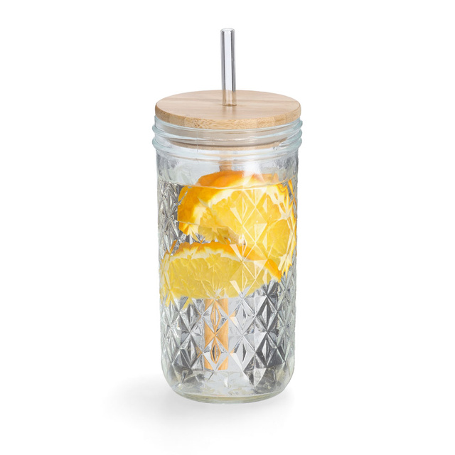 Pahar cu pai metalic si capac etans din bambus, 580 ml