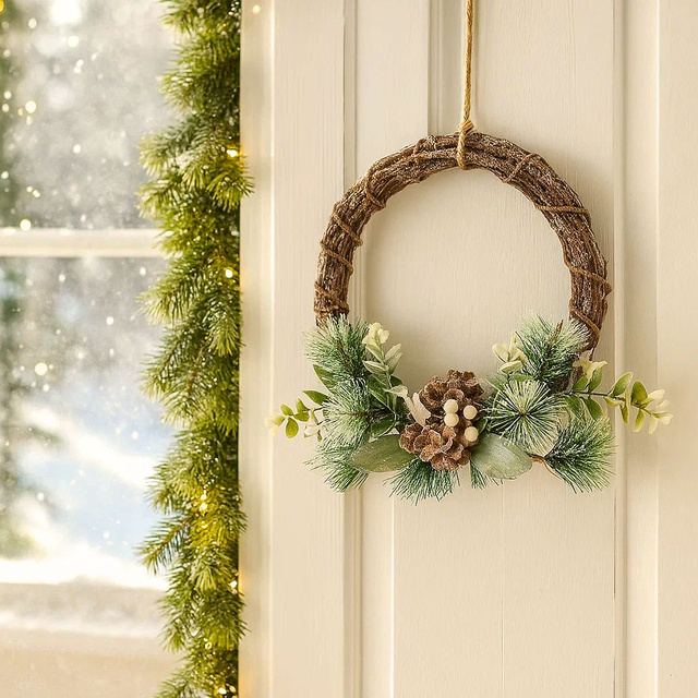 Decoratiune usa, coronita cu con de pin si crengute, Ø 25 cm