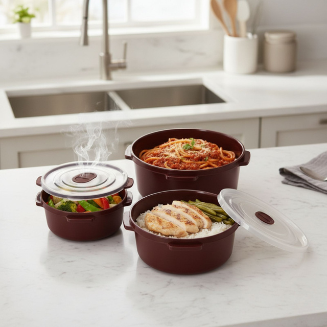 Containere pentru alimente pentru microunde, rotunde, 3 dimensiuni diferite, bordo