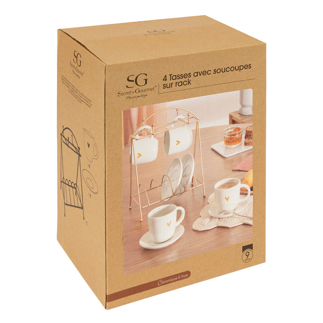 Set cafea: 4 cesti si farfurioare din portelan, pe suport FLORAL, 170 ml