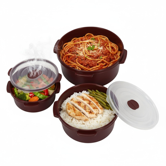 Containere pentru alimente pentru microunde, rotunde, 3 dimensiuni diferite, bordo