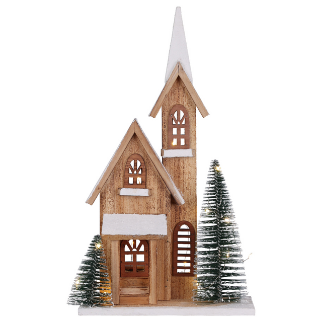 Figurină din lemn de brad cu LED Casă, 42 cm