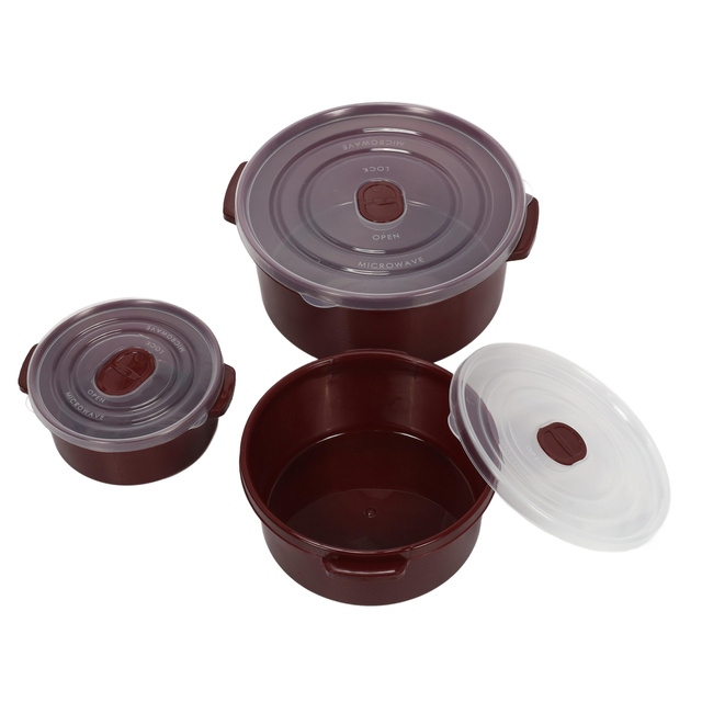Containere pentru alimente pentru microunde, rotunde, 3 dimensiuni diferite, bordo