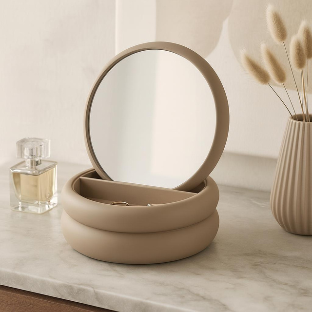 Cutie pentru bijuterii cu oglindă, 17,5 x 17,5 x 9 cm, taupe