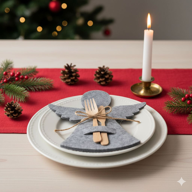 Buzunar din fetru pentru tacâmuri în formă de îngeraș, 22 x 20 cm, gri