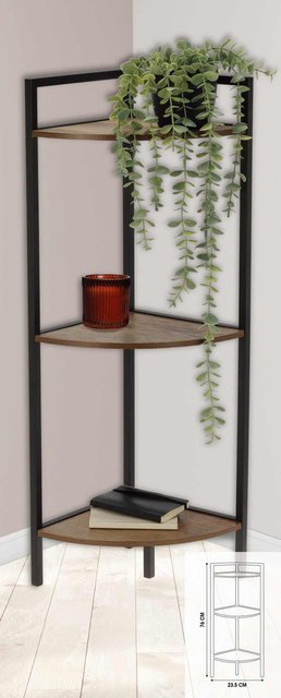 Raft colțar metalic, 3 rafturi din MDF, 23,5 x 23,5 x 76 cm