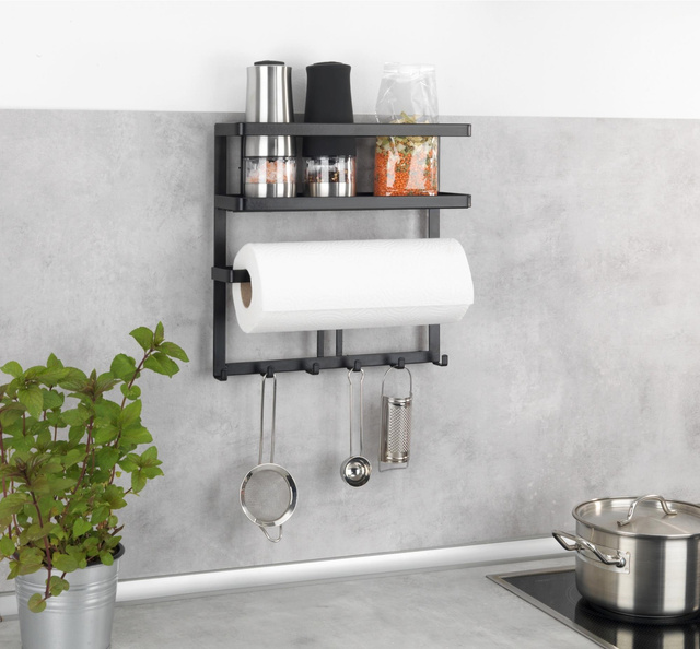 Raft multifuncțional GALA cu suport pentru prosoape de hârtie și ustensile de gatit, Negru, 30 x 33 x 9 cm, WENKO