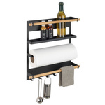 Raft de bucătărie MAGNA multifuncțional cu suport pentru prosop de hârtie și cârlige, instalare fără găurire, negru, WENKO