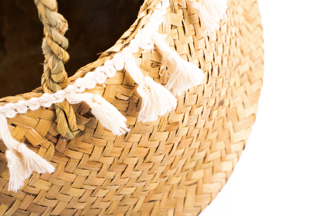 Coș decorativ, iarbă de mare, țesut, Ø 31 cm, cu franjuri