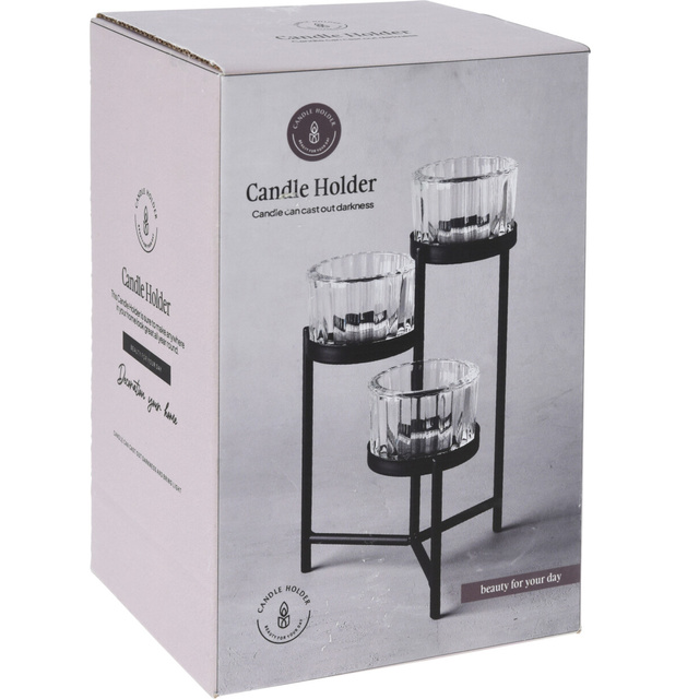 Candelabru pentru 3 lumânări tealight, metal și sticlă, 10 x 10 x 16 cm