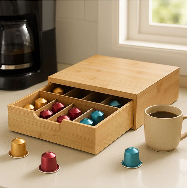 Recipient din bambus pentru capsule de cafea, 8 compartimente, 30 x 30 cm