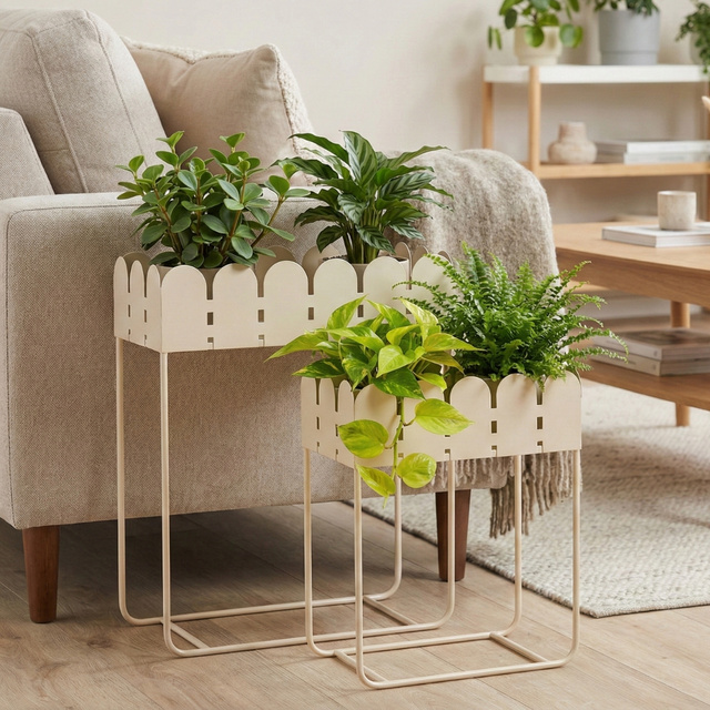 Set de 2 suporturi metalice pentru flori, cu margine ondulată SENSE, bej