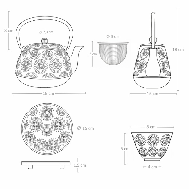Căldare din fontă cu cești și suport KOGA, 1200 ml, negru