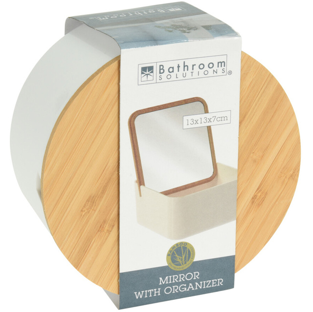 Organizator cosmetic cu oglindă, rotund, Ø 13 cm, alb