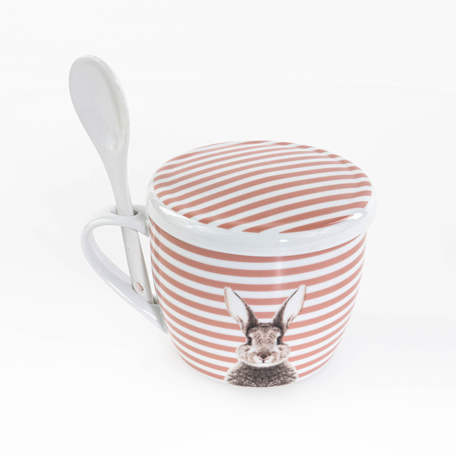 Cana cu capac si lingurita Fluffy, din portelan, iepuras, 600 ml