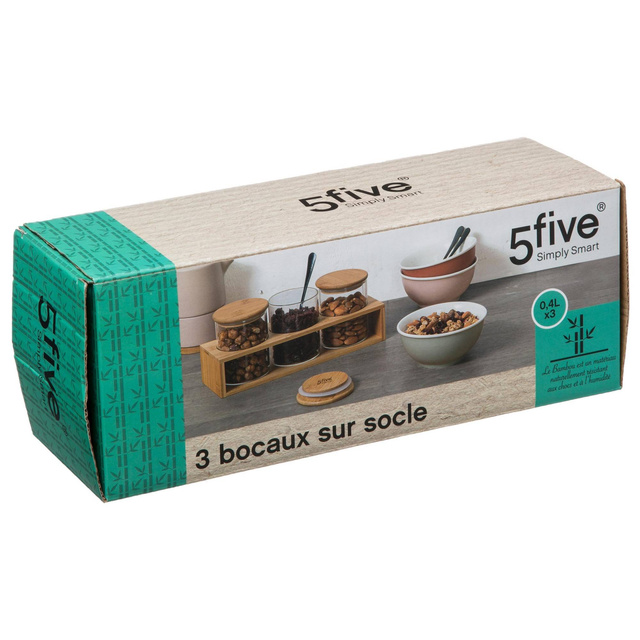 Set 3 recipiente din sticla cu capac si baza din bambus, 3 x 470 ml