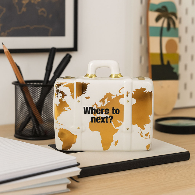 O pușculiță din ceramică colorată cu motiv de călătorie