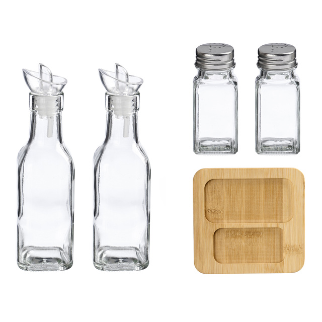 Set de condimente și ulei cu suport din lemn, 4 elemente