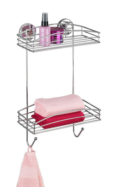 Raft baie pe doua niveluri WENKO, 2 cosuri pentru accesorii de baie, montaj Vacuum-Loc