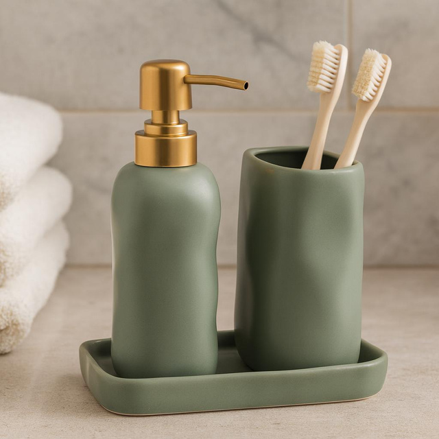 Set de baie EON, dozator ceramic cu pompă aurie, cană și tavă, verde