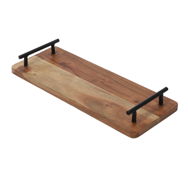 Tava de servire din lemn de salcam cu manere metalice, 40 x 15 x 5 cm