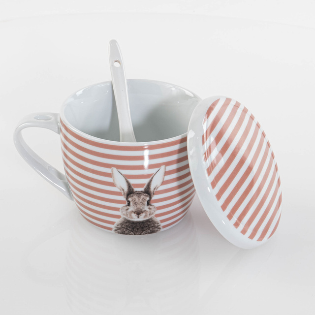 Cana cu capac si lingurita Fluffy, din portelan, iepuras, 600 ml