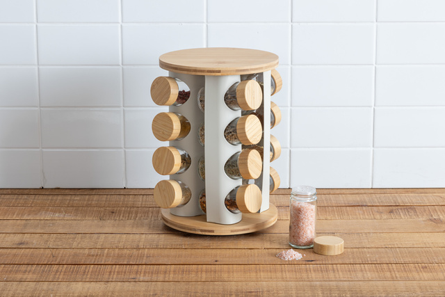 Suport rotativ pentru condimente SENSIA, 13 borcane cu capace din bambus