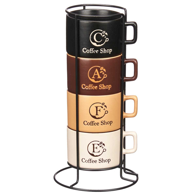 Set 4 cani ceramice pe suport metalic COFFEE SHOP, 180 ml