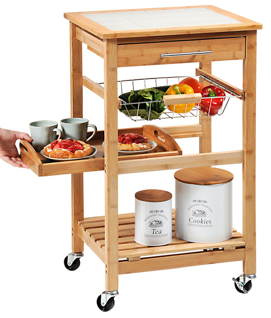 Cărucior de bucătărie cu tavă detașabilă și coș pentru legume, bambus, Kesper