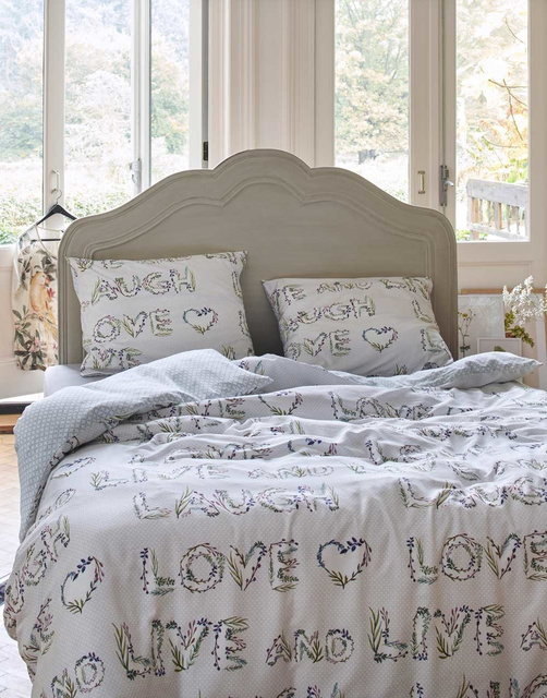 Set de lenjerie colorat din bumbac percal, cu inscripții, 140 x 220 cm, Esprit,