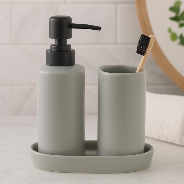 Set de baie PLY, dozator ceramic, cană și tavă, gri