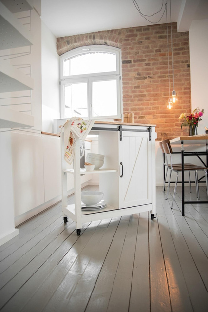 Cărucior de bucătărie LANDHAUS pe roți din lemn de pin și MDF, alb, WENKO