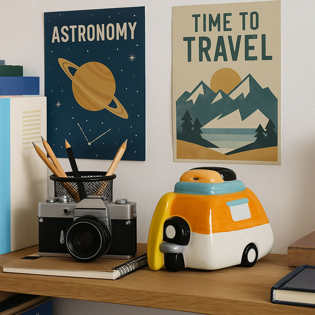 O pușculiță din ceramică colorată cu motiv de călătorie