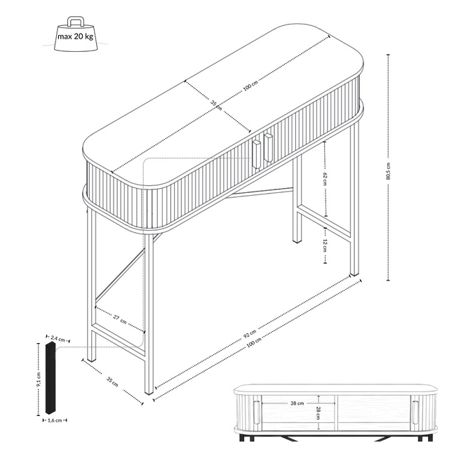 Consolă cu uși glisante SCAVA, riflată, 100 x 35 x 80,5 cm