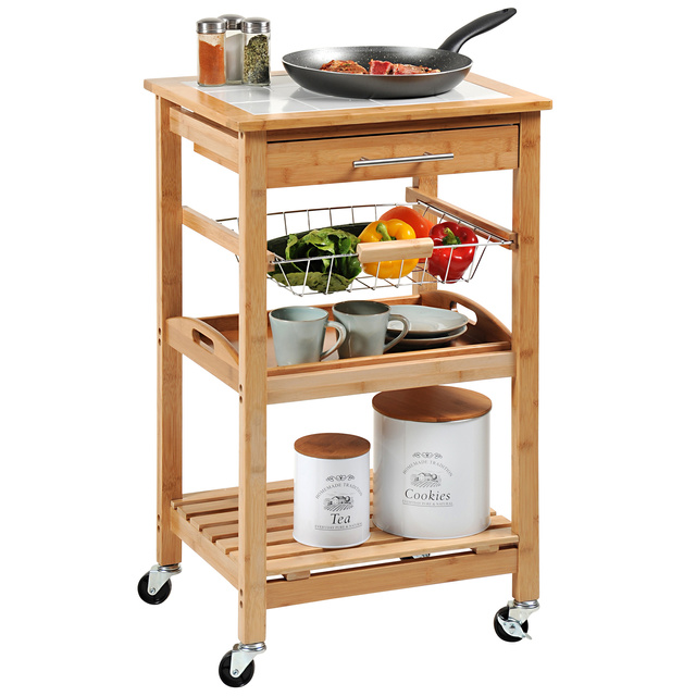 Cărucior de bucătărie cu tavă detașabilă și coș pentru legume, bambus, Kesper