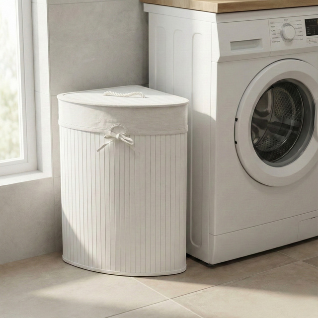 Coș de rufe colțar ARCO, bambus, 60 l, alb