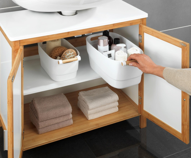 Recipient din plastic cu maner din lemn, alb, 14,5 x 12 x 27 cm, Wenko