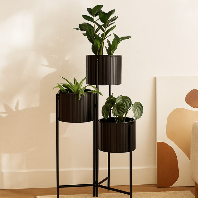 Suport de flori loft pentru 3 ghivece VIKO, metalic, negru