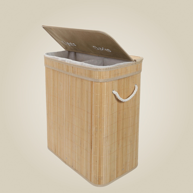 Coș de rufe din bambus, cu două compartimente, 100 l
