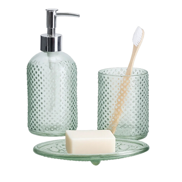 Set de baie NODE, dozator, pahar pentru periuțe de dinți și suport pentru săpun, 3 elemente, verde