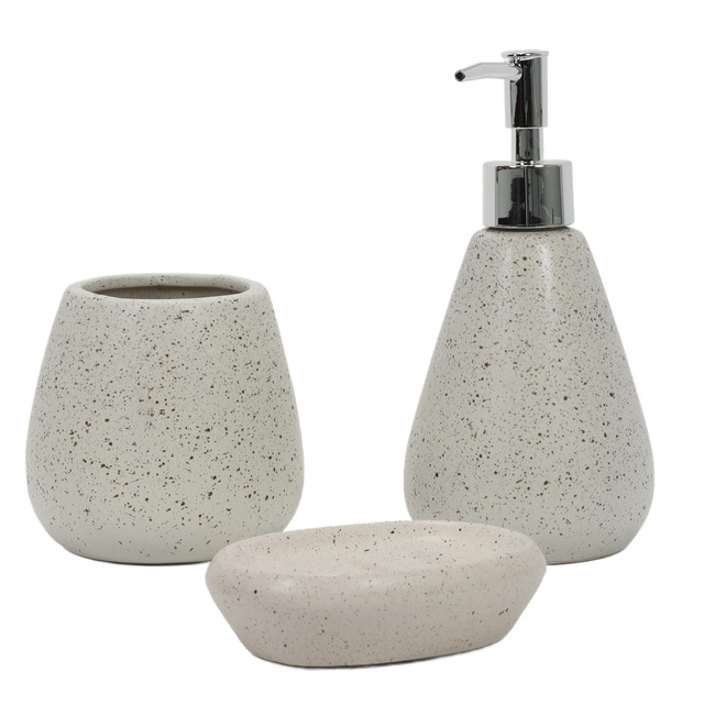 Un set de accesorii pentru baie: dozator, sapun si cana